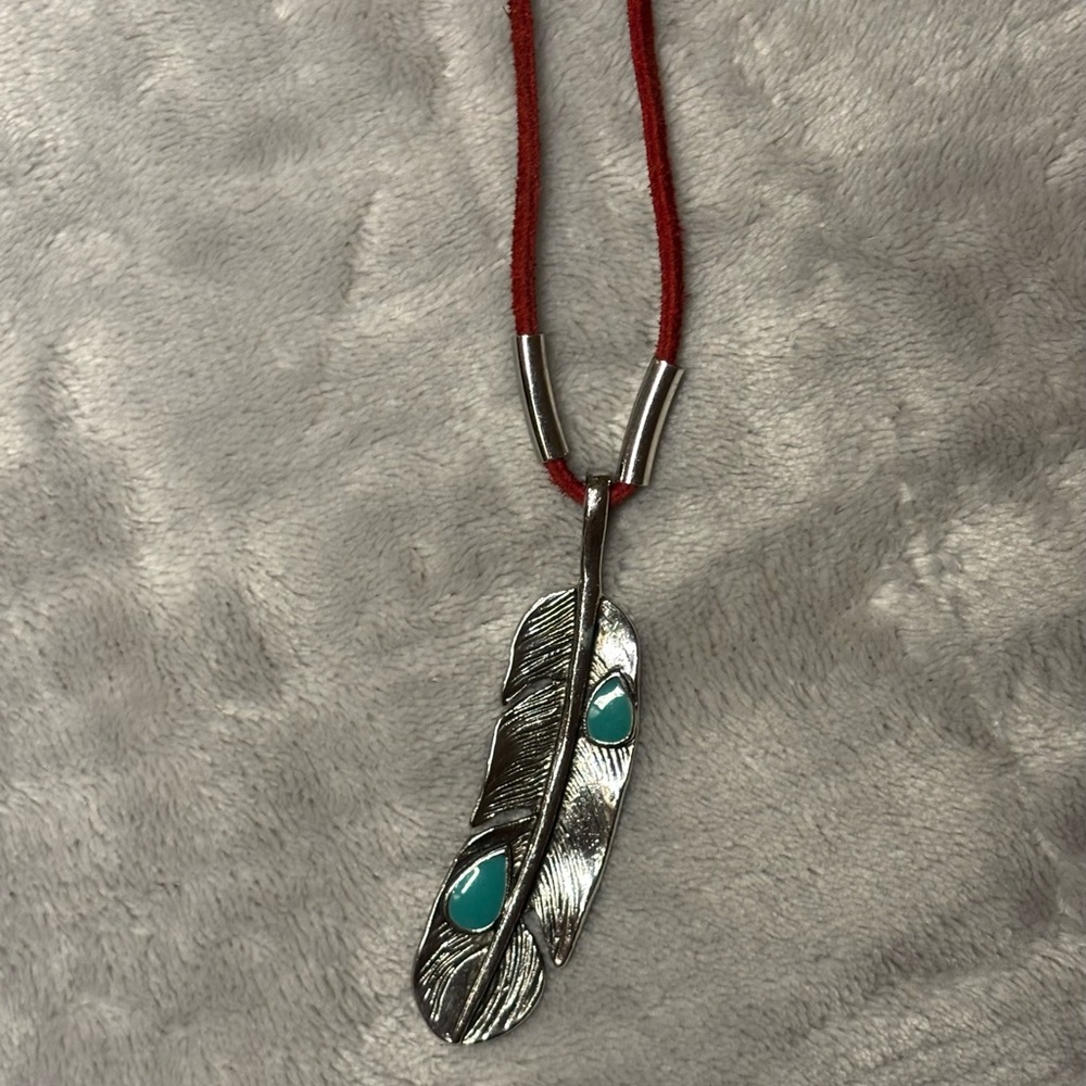 Southwestern Silver, Leather, and Turquoise Feather Necklace